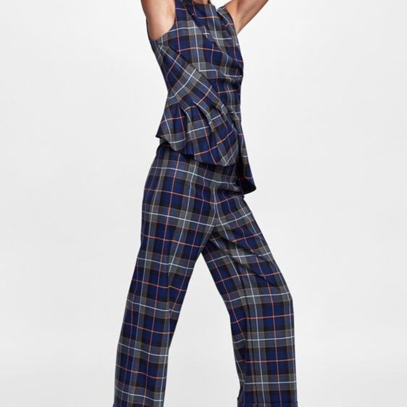 Zara Top Blue Sleeveless Shirt Pleated Plaid Asymmetric - Picture 3 of 9